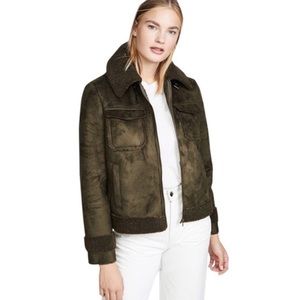 MOTHER Green The Four Corners Faux Shearling & Faux Suede Bomber Jacket.